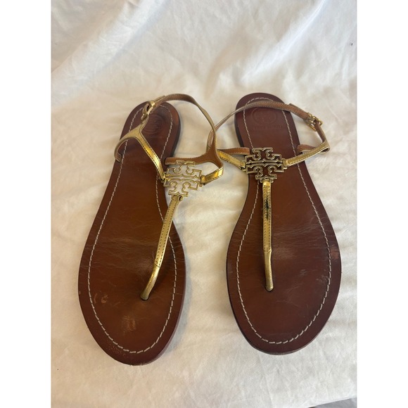 Tory Burch Shoes - Tory Burch Miller Metallic Gold Leather Thong Ankle Strap Sandals Womens 8.5 M